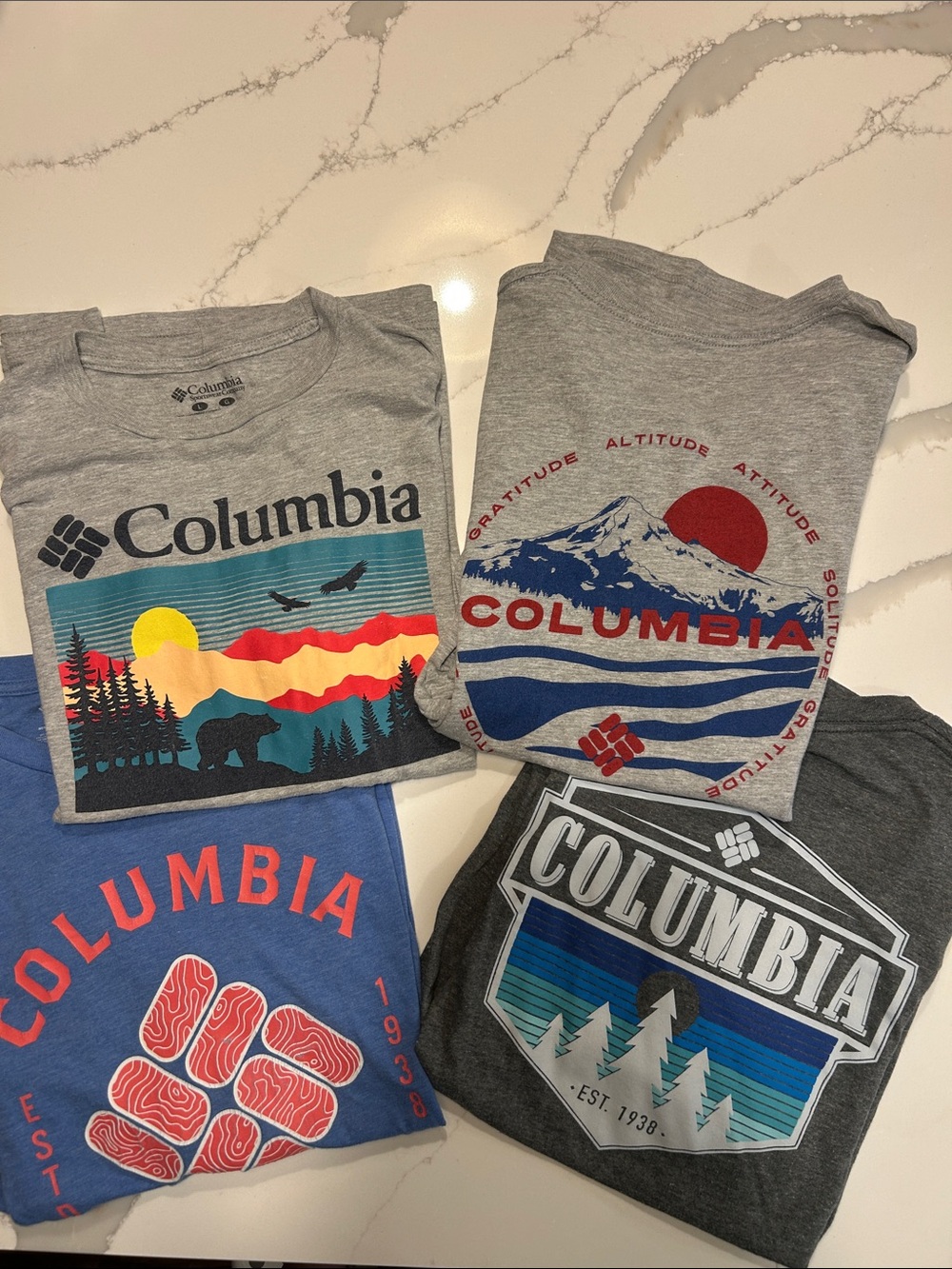 Bundle!! Columbia Men's Short Sleeve Graphic Tees - Gray, Blue, Red, Yellow
